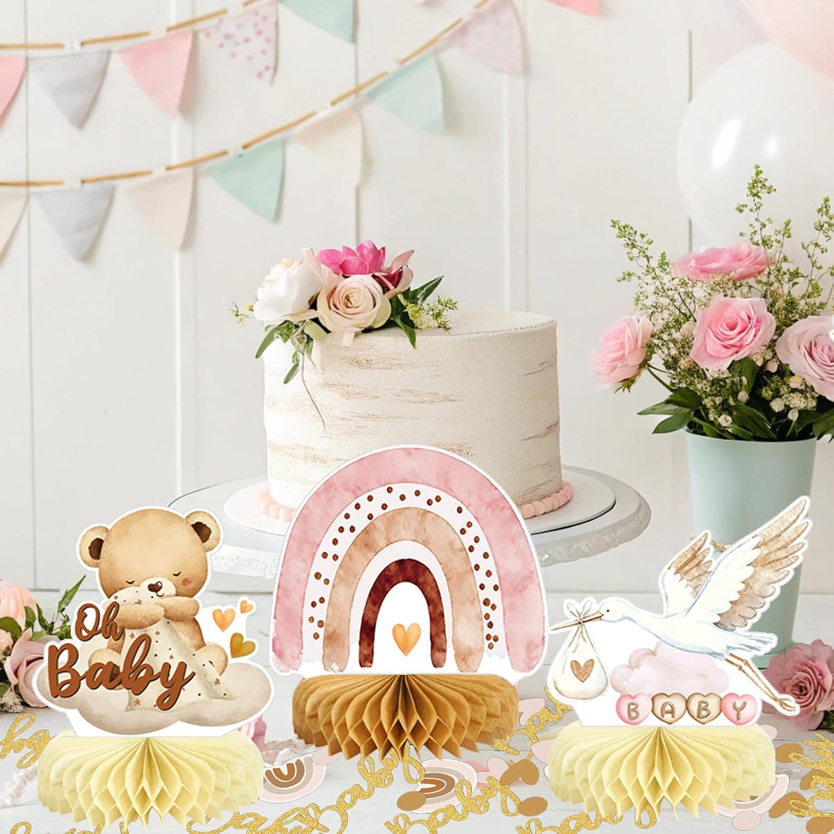 8Pcs Bear Baby Shower Decorations Honeycomb Centerpieces for Girl, Confetti Baby Shower Table Decorations Birthday Party Table Centerpieces Toppers Party Decor (Pink)