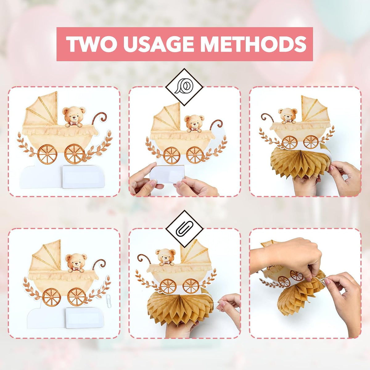 8Pcs Bear Baby Shower Decorations Honeycomb Centerpieces for Girl, Confetti Baby Shower Table Decorations Birthday Party Table Centerpieces Toppers Party Decor (Pink)