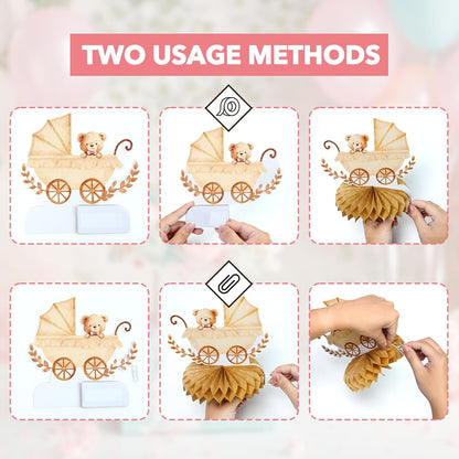 8Pcs Bear Baby Shower Decorations Honeycomb Centerpieces for Girl, Confetti Baby Shower Table Decorations Birthday Party Table Centerpieces Toppers Party Decor (Pink)
