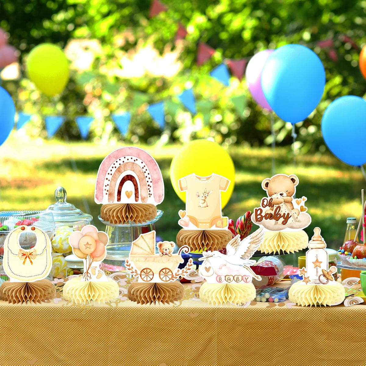 8Pcs Bear Baby Shower Decorations Honeycomb Centerpieces for Girl, Confetti Baby Shower Table Decorations Birthday Party Table Centerpieces Toppers Party Decor (Pink)