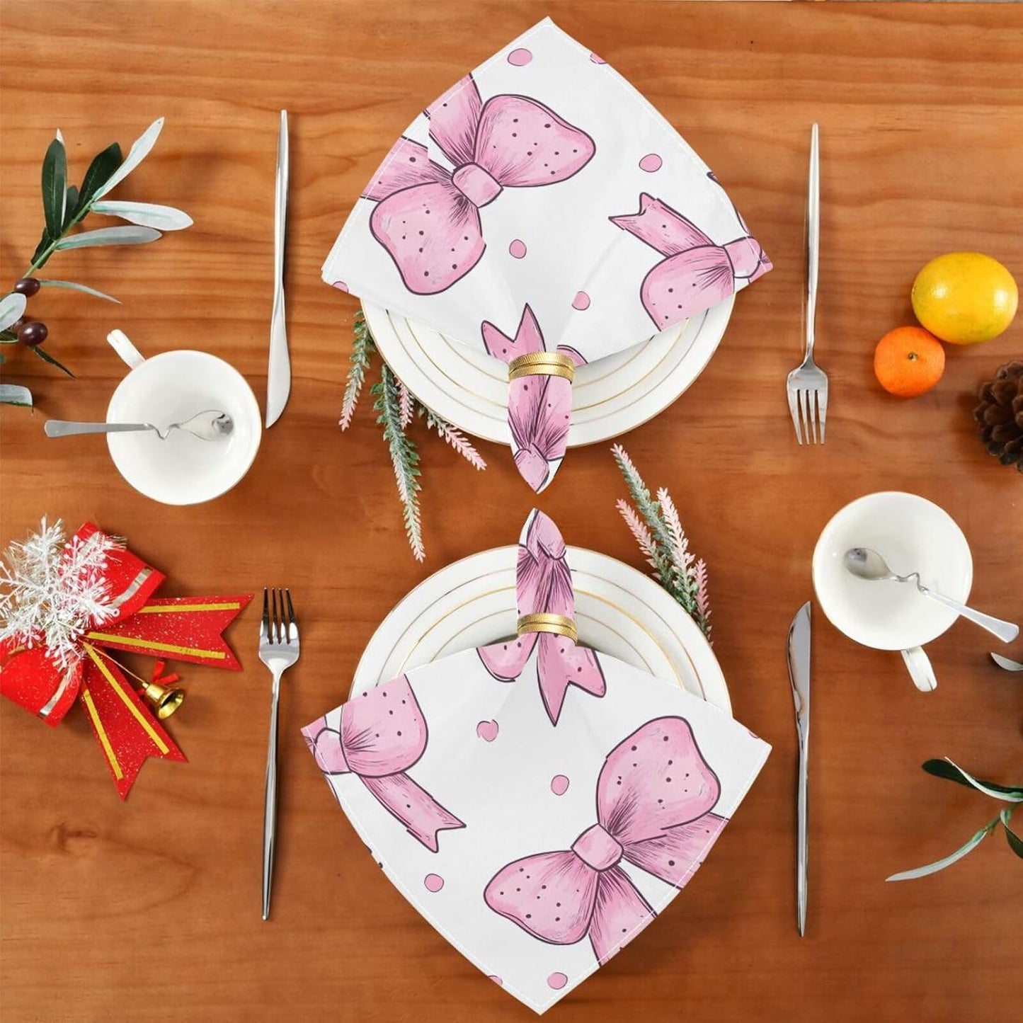 YETTASBIN Pink Bows Dot Cloth Napkins Set of 1, Reusable Washable Oversized Table Napkins for Family Wedding Dinner Party Home Decor, 20 Inch
