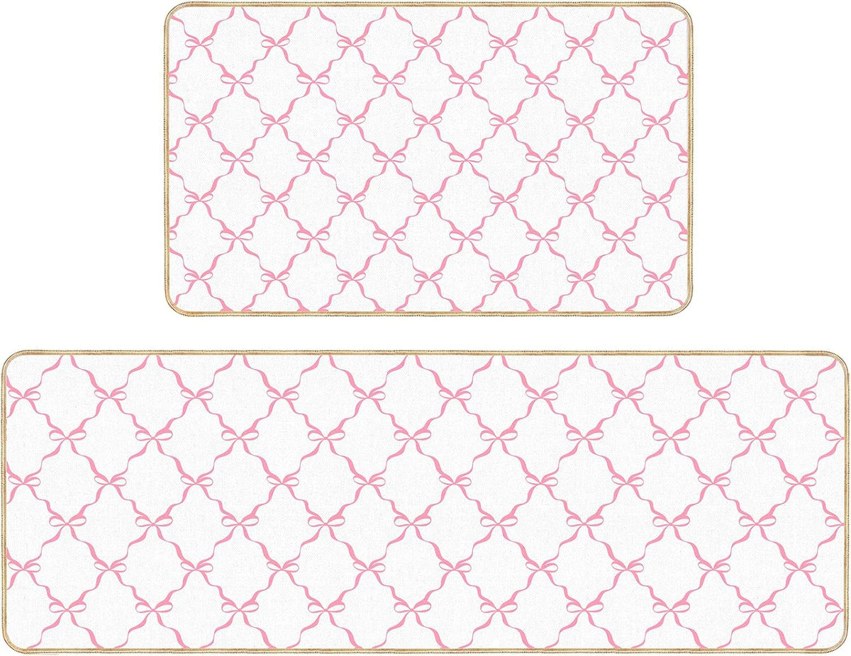 Coquette Bow Kitchen Mat Set of 2 Pink Bow Kitchen Rugs Coquette Room Decor Door Mat Pink Bow Decorations for Home Kitchen