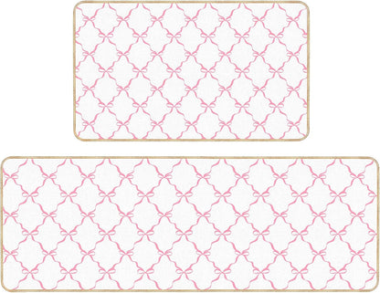Coquette Bow Kitchen Mat Set of 2 Pink Bow Kitchen Rugs Coquette Room Decor Door Mat Pink Bow Decorations for Home Kitchen
