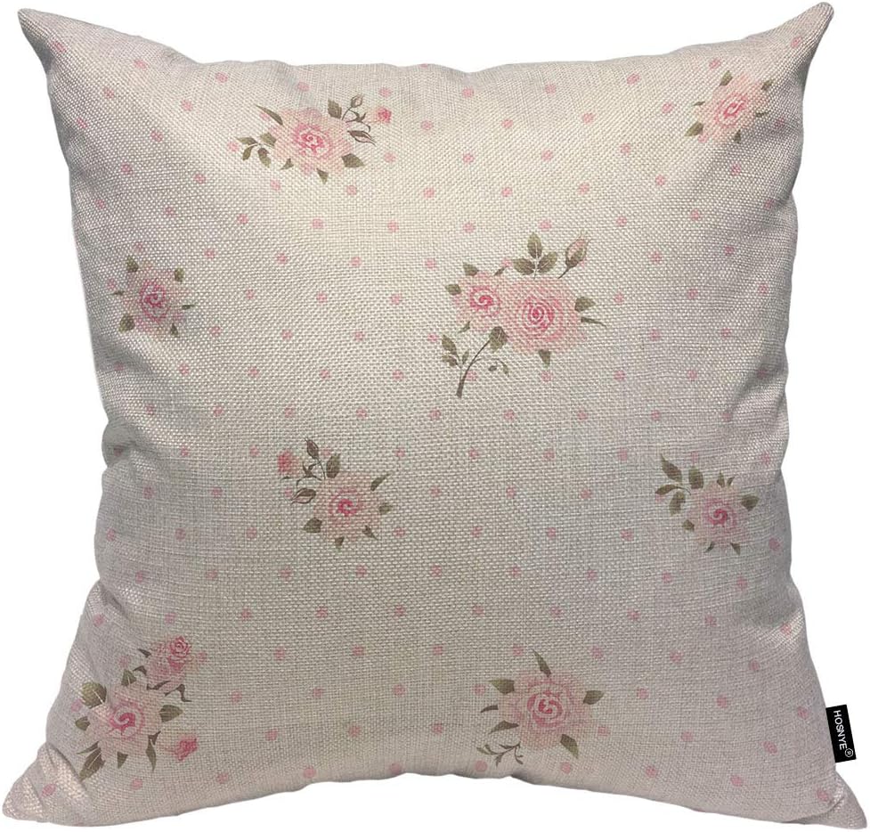 Floral Polka Dot Background Throw Pillow Case Cushion Covers Shabby Chic Style Pattern with Pink Roses Cotton Linen for Couch Bed Sofa Car Waist 20 x 20 inch