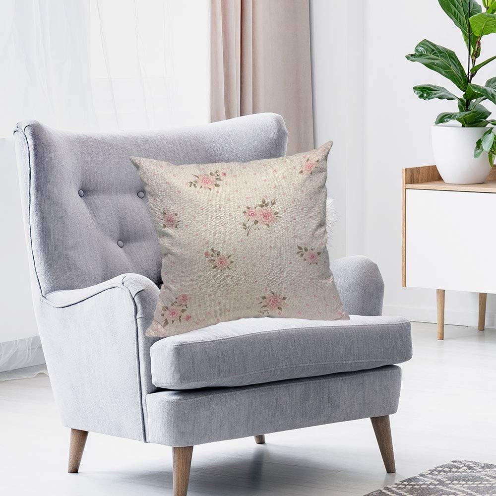 Floral Polka Dot Background Throw Pillow Case Cushion Covers Shabby Chic Style Pattern with Pink Roses Cotton Linen for Couch Bed Sofa Car Waist 20 x 20 inch