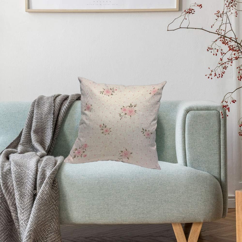Floral Polka Dot Background Throw Pillow Case Cushion Covers Shabby Chic Style Pattern with Pink Roses Cotton Linen for Couch Bed Sofa Car Waist 20 x 20 inch
