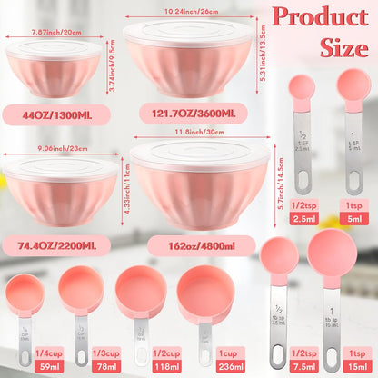 4 Pcs Mixing Bowls with Lids Plastic Nesting Bowls Set with Stainless Steel Colander 8 Pcs Measuring Cups and Spoons Set and Foldable Kitchen Funnel for Kitchen Cooking Accessories (Pink)