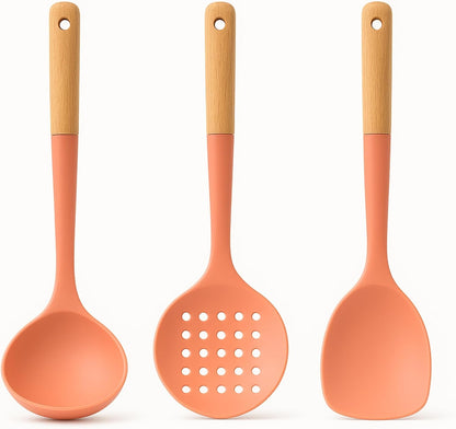 3pc Beech Wood and Silicone Kitchen Utensils Cooking Spoon Set Meal Prep Baking Supplies Home Essentials, Coral Peach