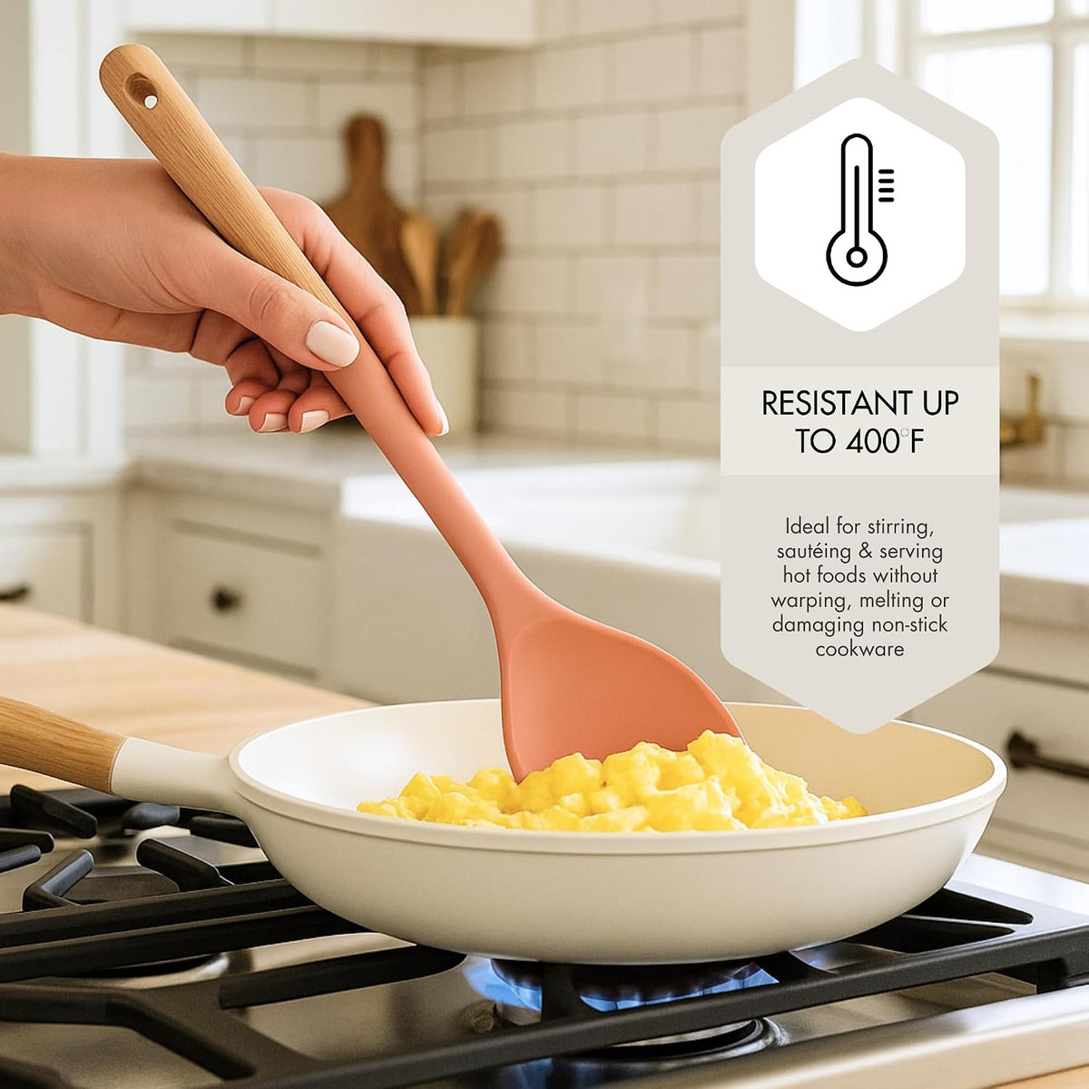 3pc Beech Wood and Silicone Kitchen Utensils Cooking Spoon Set Meal Prep Baking Supplies Home Essentials, Coral Peach