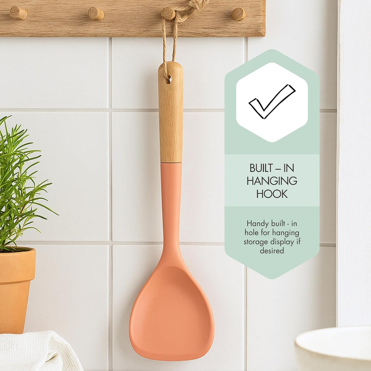 3pc Beech Wood and Silicone Kitchen Utensils Cooking Spoon Set Meal Prep Baking Supplies Home Essentials, Coral Peach