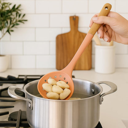 3pc Beech Wood and Silicone Kitchen Utensils Cooking Spoon Set Meal Prep Baking Supplies Home Essentials, Coral Peach