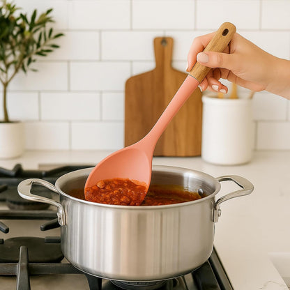 3pc Beech Wood and Silicone Kitchen Utensils Cooking Spoon Set Meal Prep Baking Supplies Home Essentials, Coral Peach