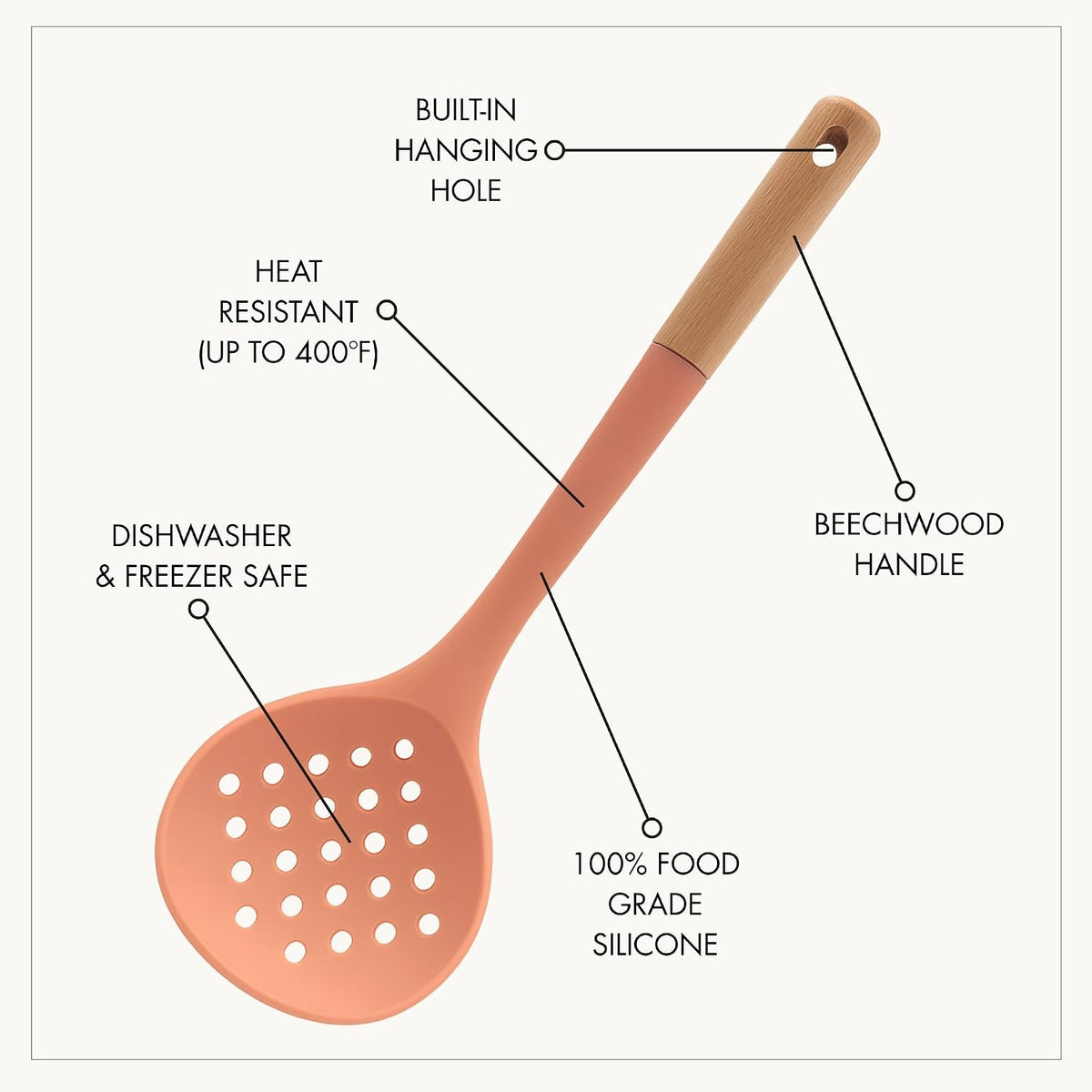 3pc Beech Wood and Silicone Kitchen Utensils Cooking Spoon Set Meal Prep Baking Supplies Home Essentials, Coral Peach