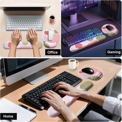 Keyboard Wrist Rest Mouse Pad with Wrist Support, Gaming Mousepad with Non-Slip Base, Ergonomic Mouse Wrist Arm Cushion Support for Home Office Laptop Computer, Easy Typing Pain Relief, Pink Flower