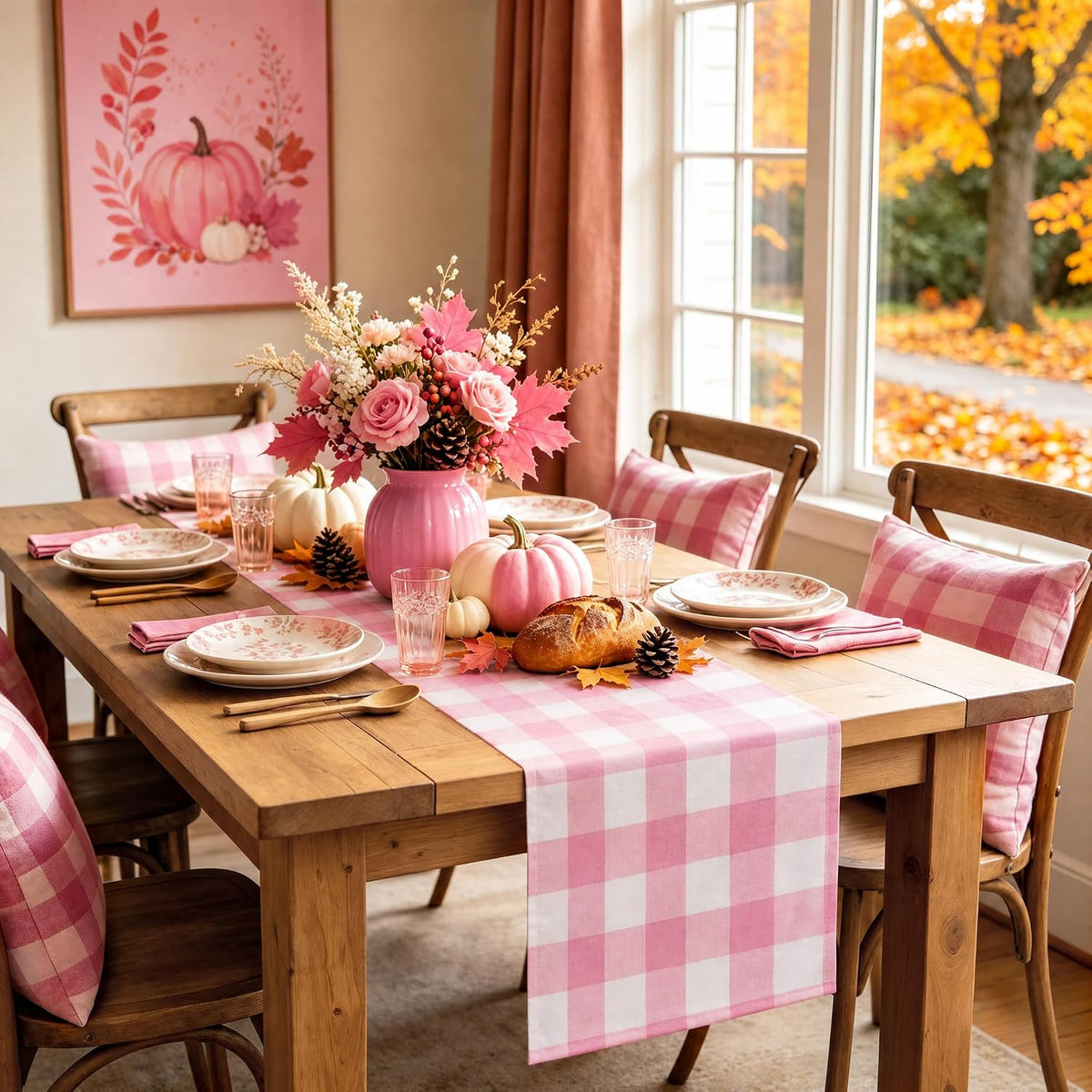 yuboo Pink and White Gingham Table Runner 72 Inch, Fall Plaid Home Decor