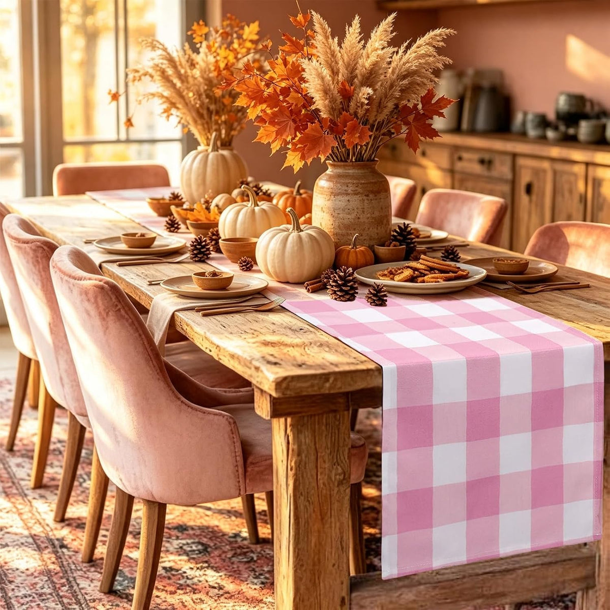 yuboo Pink and White Gingham Table Runner 72 Inch, Fall Plaid Home Decor