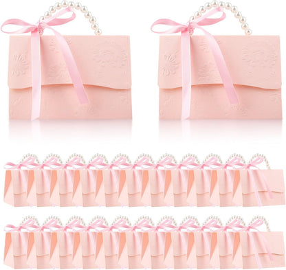 24Pcs Pink Pearl Paper Gift Boxes, Elegant Candy Favor Boxes with Ribbon for Wedding, Bridal Shower, Birthday, Baby Shower 5.12"x3.35"x2.95"