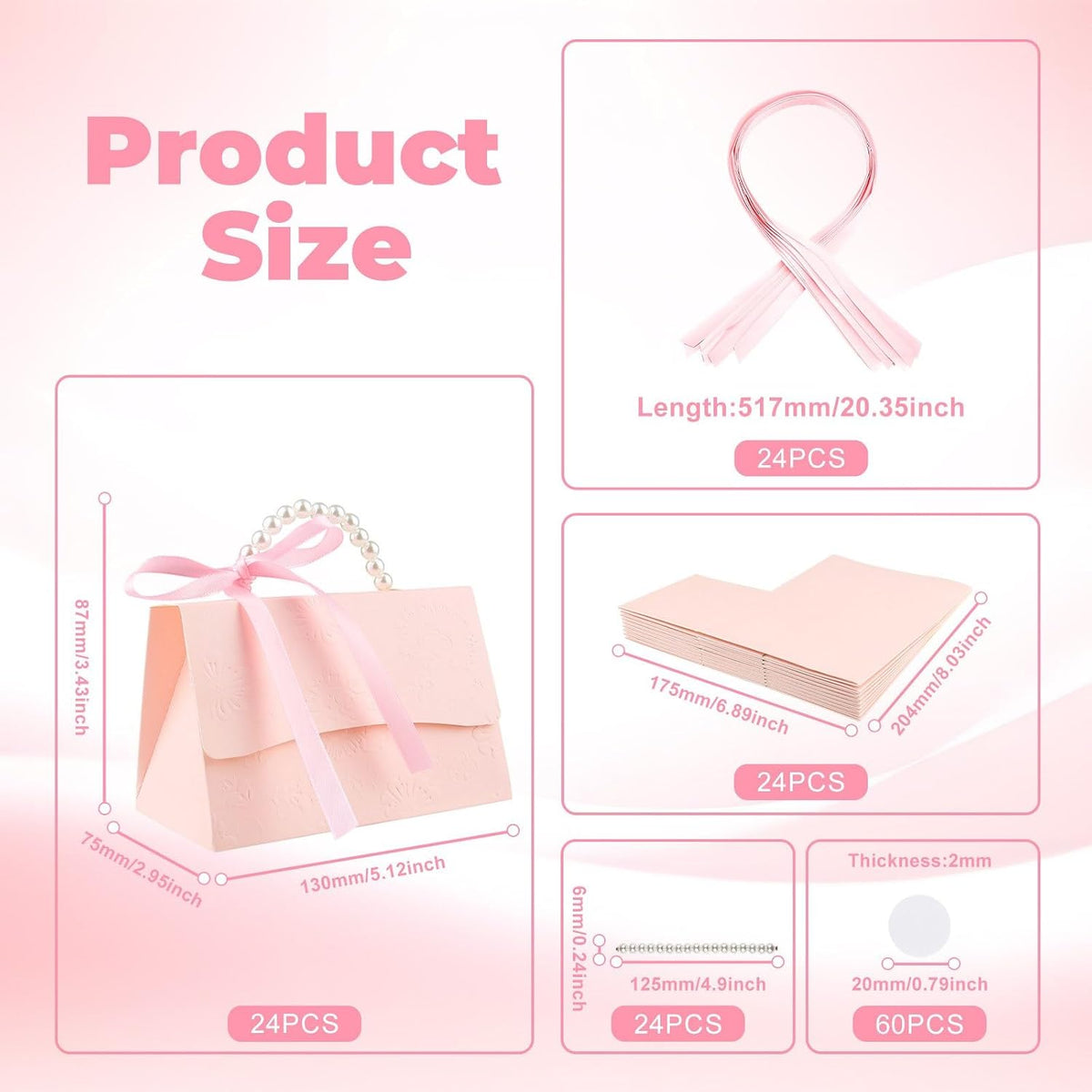 24Pcs Pink Pearl Paper Gift Boxes, Elegant Candy Favor Boxes with Ribbon for Wedding, Bridal Shower, Birthday, Baby Shower 5.12"x3.35"x2.95"