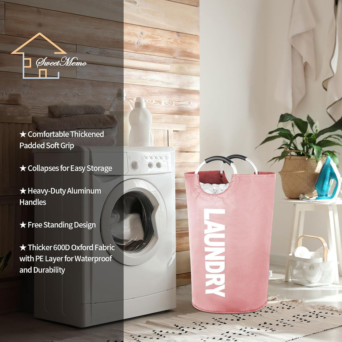 Large Laundry Basket, Laundry Hamper Bag with Handles, 95L, Pink