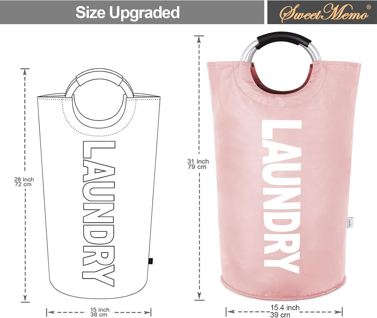 Large Laundry Basket, Laundry Hamper Bag with Handles, 95L, Pink