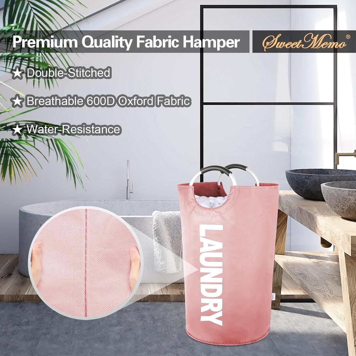 Large Laundry Basket, Laundry Hamper Bag with Handles, 95L, Pink
