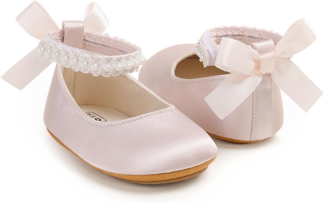 Baby Girls Mary Jane Flats - Infant Newborn Walking Sneakers Soft Rubber Sole Princess Wedding Shoes