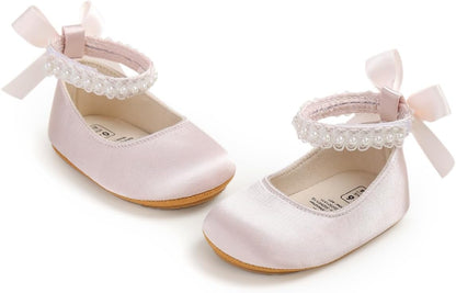 Baby Girls Mary Jane Flats - Infant Newborn Walking Sneakers Soft Rubber Sole Princess Wedding Shoes