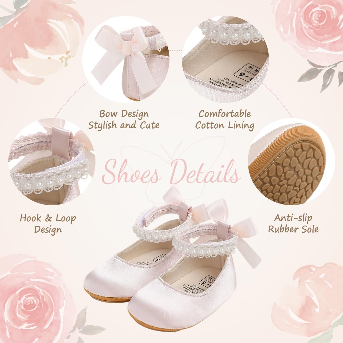 Baby Girls Mary Jane Flats - Infant Newborn Walking Sneakers Soft Rubber Sole Princess Wedding Shoes