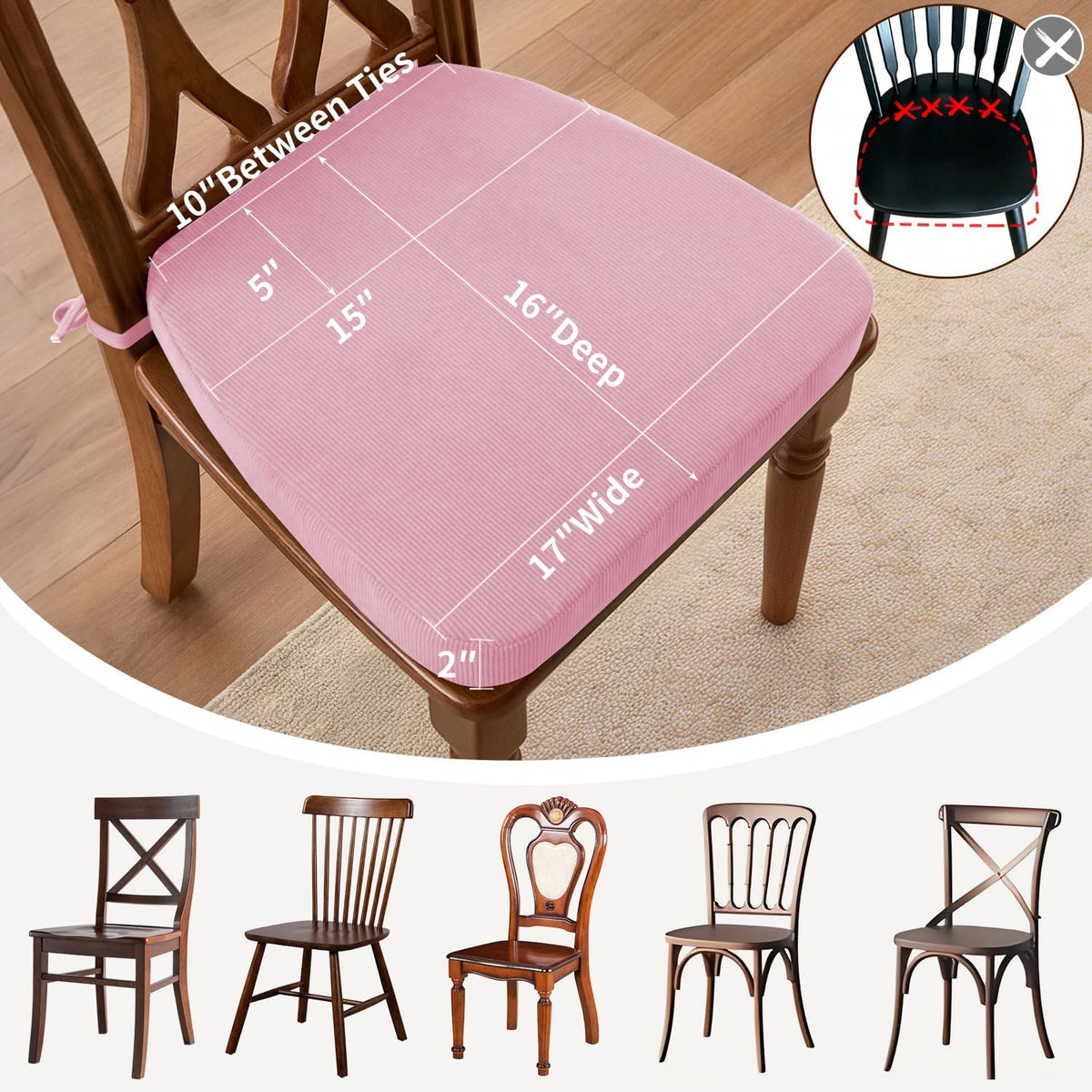 Dining Chair Cushions, Pink, 17"x16", Set of 4