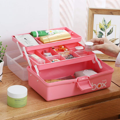 12'' Three-Layer Clear Plastic Storage Box with Handle, Craft Tool Box, 3 Layer Pink Tackle Box for Women, Organizer Box for Sewing Art and Cosmetic (Pink)