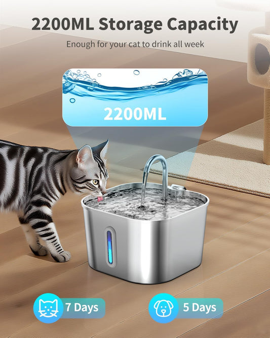 Lawfery Cat Water Fountain Stainless Steel, 74oz/2.2L Automatic Cat Drinking Fountain, Pet Water Dispenser with Quiet Pump, Suitable for Cats, Dogs and Multi-pet households