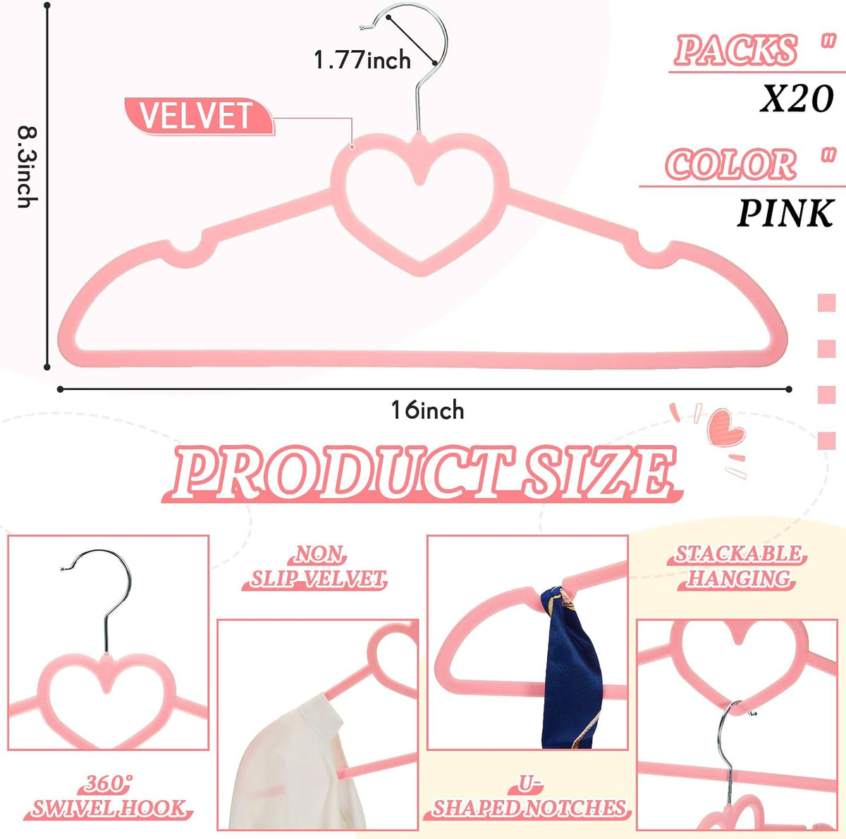 for you 20 Pcs Velvet Clothes Hangers with 20 Pcs Clips Non Slip Pink Cute Heart Hanger 360 Degree Swivel Hook Space Saving Felt Heart Drying Rack for Women Pant Jacket Shirt Skirt Suit Dress