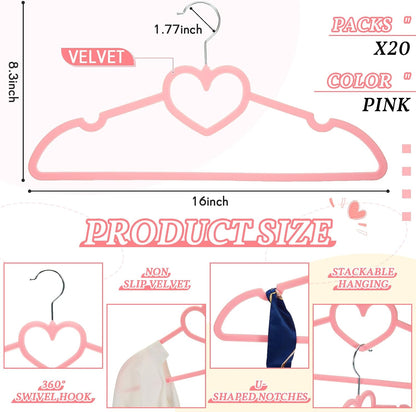 for you 20 Pcs Velvet Clothes Hangers with 20 Pcs Clips Non Slip Pink Cute Heart Hanger 360 Degree Swivel Hook Space Saving Felt Heart Drying Rack for Women Pant Jacket Shirt Skirt Suit Dress