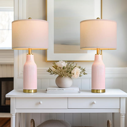 24.5" Modern 3-Way Dimmable Touch Control with 5FT Cord & USB A+C Ceramic Lamps Set of 2 Table Lamp for Living Room Bedroom Farmhouse Nightstand Bedside Pink