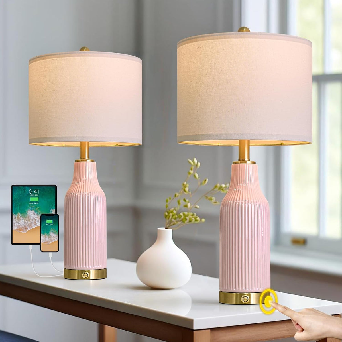 24.5" Modern 3-Way Dimmable Touch Control with 5FT Cord & USB A+C Ceramic Lamps Set of 2 Table Lamp for Living Room Bedroom Farmhouse Nightstand Bedside Pink