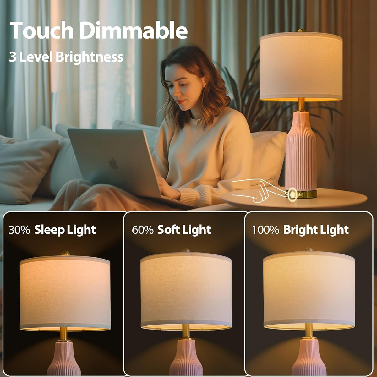 24.5" Modern 3-Way Dimmable Touch Control with 5FT Cord & USB A+C Ceramic Lamps Set of 2 Table Lamp for Living Room Bedroom Farmhouse Nightstand Bedside Pink