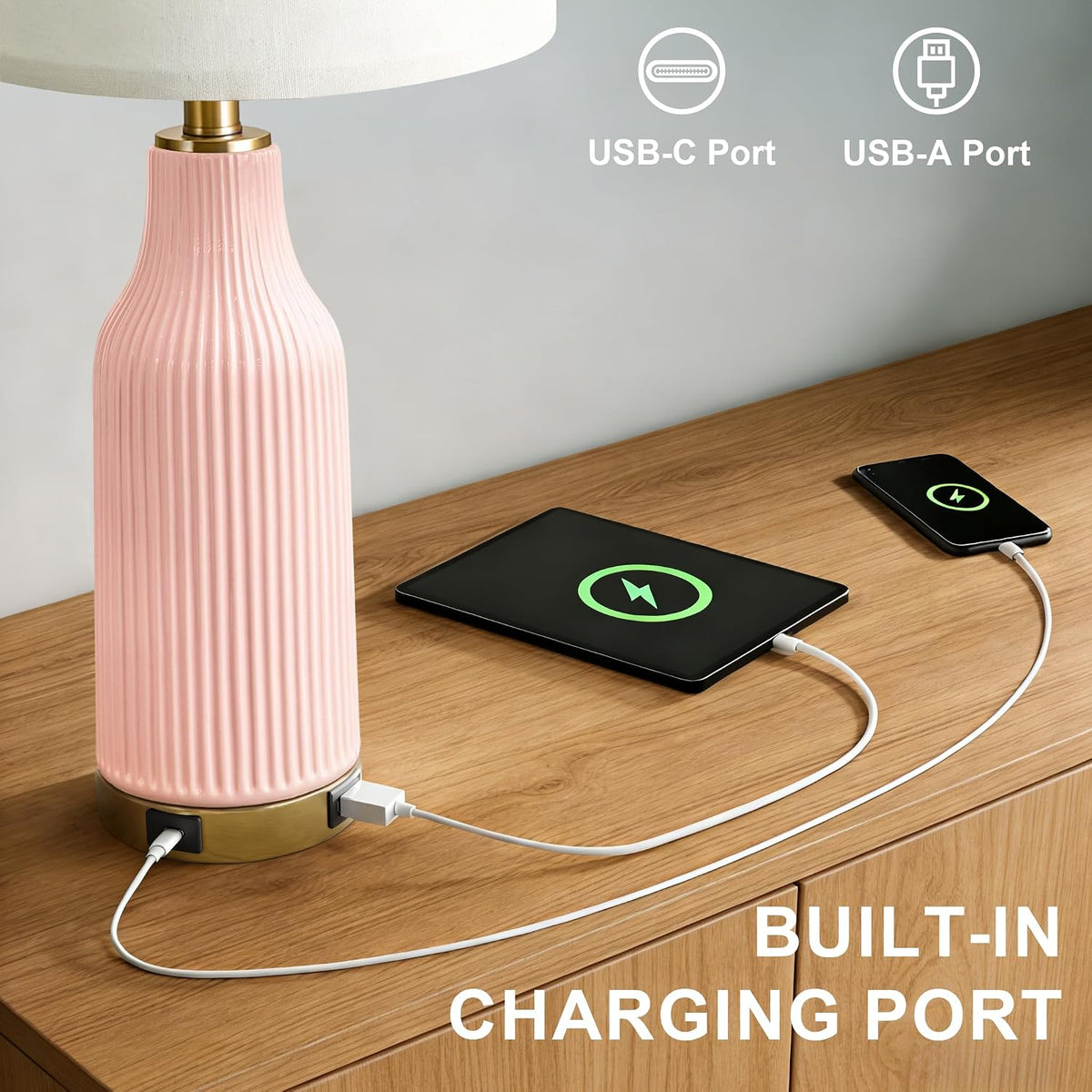 24.5" Modern 3-Way Dimmable Touch Control with 5FT Cord & USB A+C Ceramic Lamps Set of 2 Table Lamp for Living Room Bedroom Farmhouse Nightstand Bedside Pink
