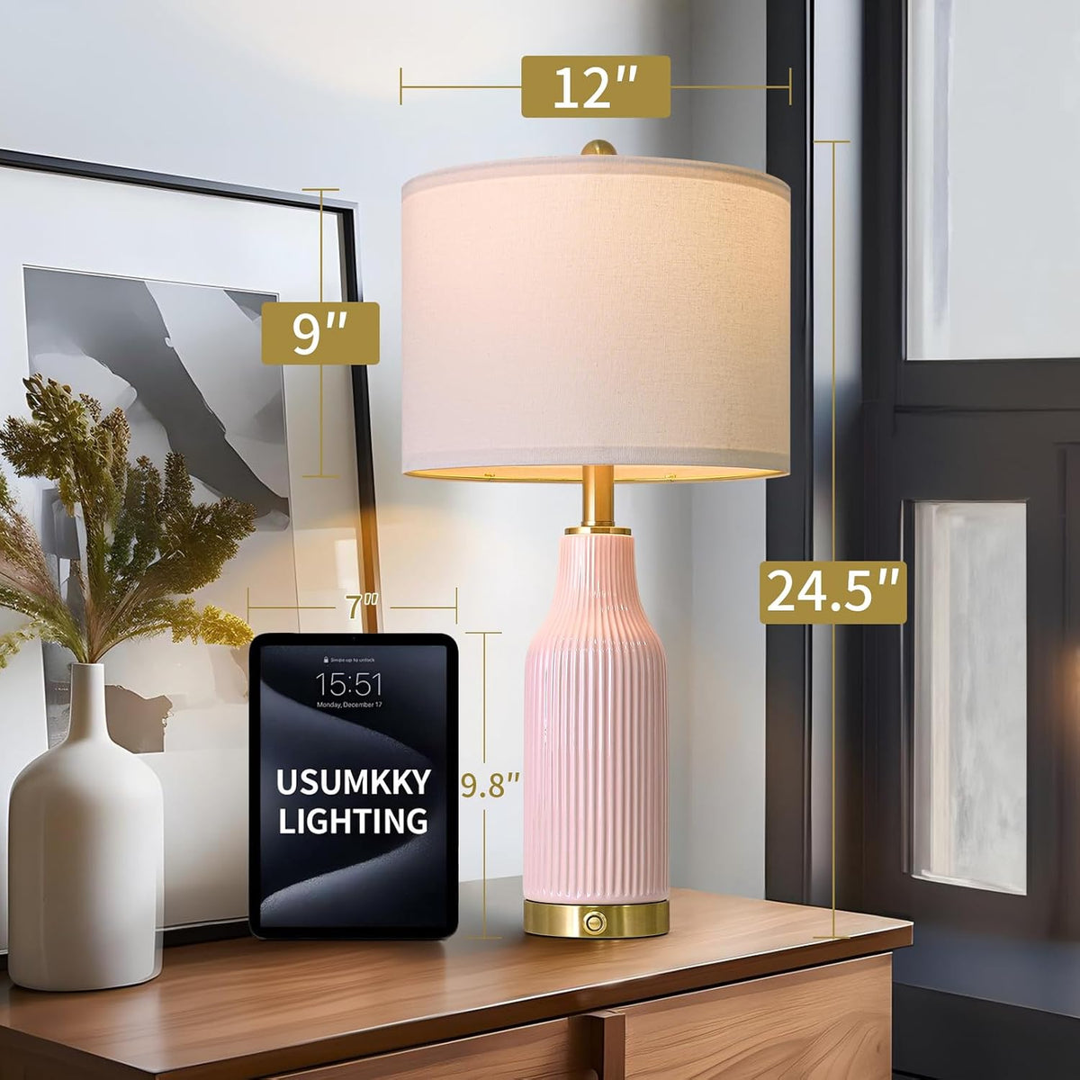24.5" Modern 3-Way Dimmable Touch Control with 5FT Cord & USB A+C Ceramic Lamps Set of 2 Table Lamp for Living Room Bedroom Farmhouse Nightstand Bedside Pink