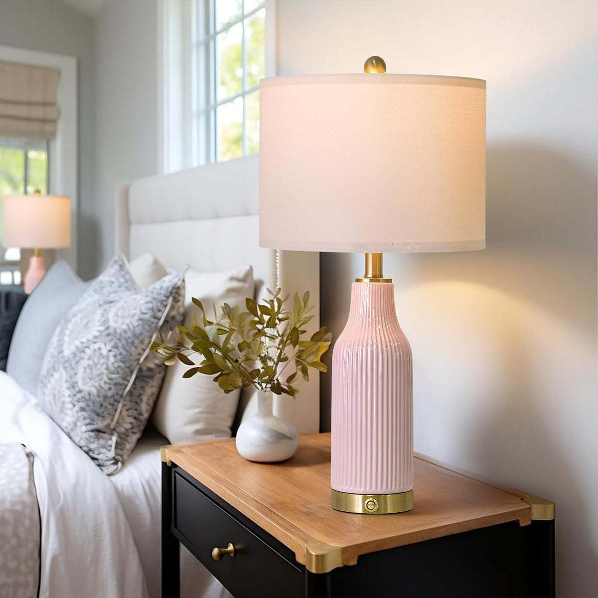 24.5" Modern 3-Way Dimmable Touch Control with 5FT Cord & USB A+C Ceramic Lamps Set of 2 Table Lamp for Living Room Bedroom Farmhouse Nightstand Bedside Pink