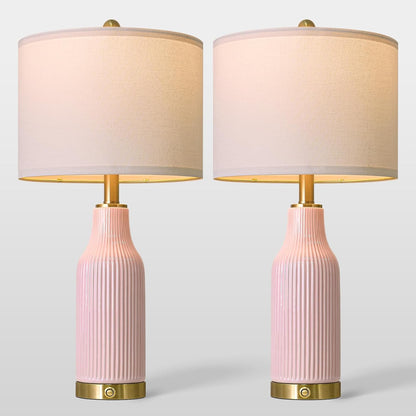 24.5" Modern 3-Way Dimmable Touch Control with 5FT Cord & USB A+C Ceramic Lamps Set of 2 Table Lamp for Living Room Bedroom Farmhouse Nightstand Bedside Pink