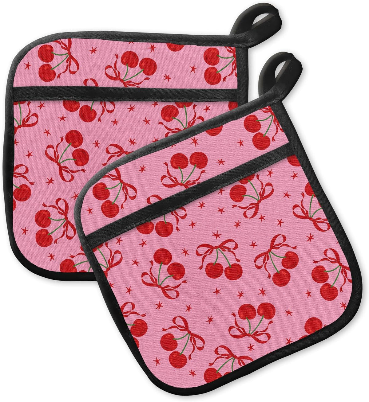 Pot Holders for Kitchen, Heat Resistance Hot Pads, Cute Potholder with Pocket for Kitchen Cooking Baking 2 Packs, Pink Cherry