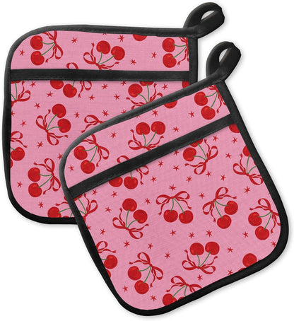 Pot Holders for Kitchen, Heat Resistance Hot Pads, Cute Potholder with Pocket for Kitchen Cooking Baking 2 Packs, Pink Cherry