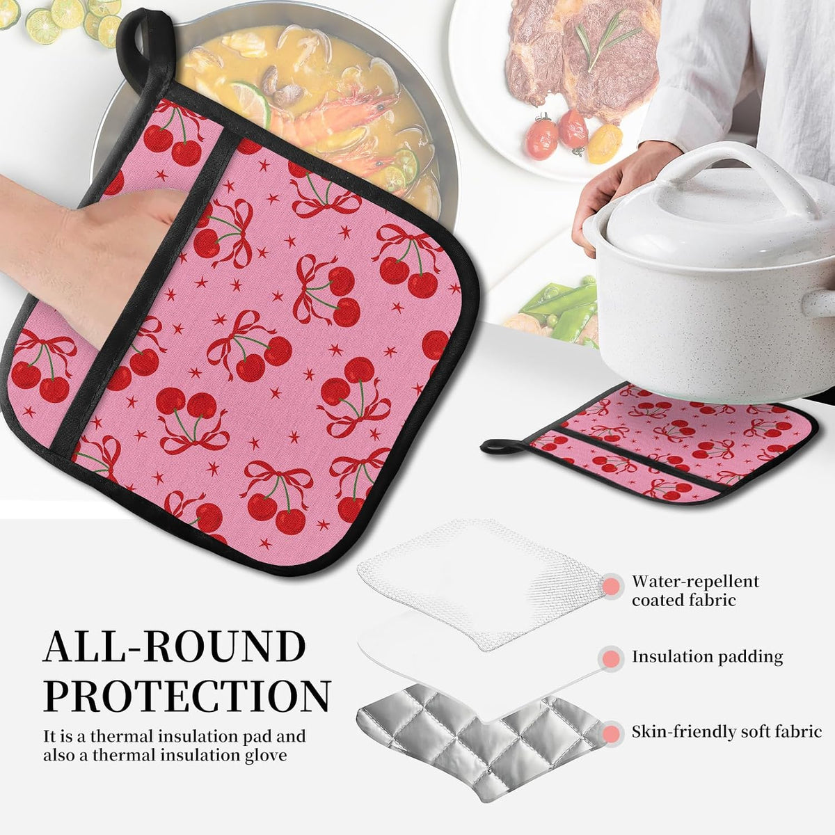 Pot Holders for Kitchen, Heat Resistance Hot Pads, Cute Potholder with Pocket for Kitchen Cooking Baking 2 Packs, Pink Cherry