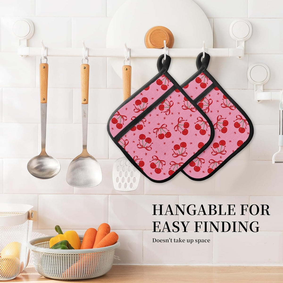 Pot Holders for Kitchen, Heat Resistance Hot Pads, Cute Potholder with Pocket for Kitchen Cooking Baking 2 Packs, Pink Cherry