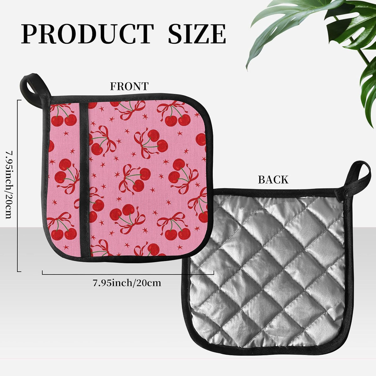 Pot Holders for Kitchen, Heat Resistance Hot Pads, Cute Potholder with Pocket for Kitchen Cooking Baking 2 Packs, Pink Cherry