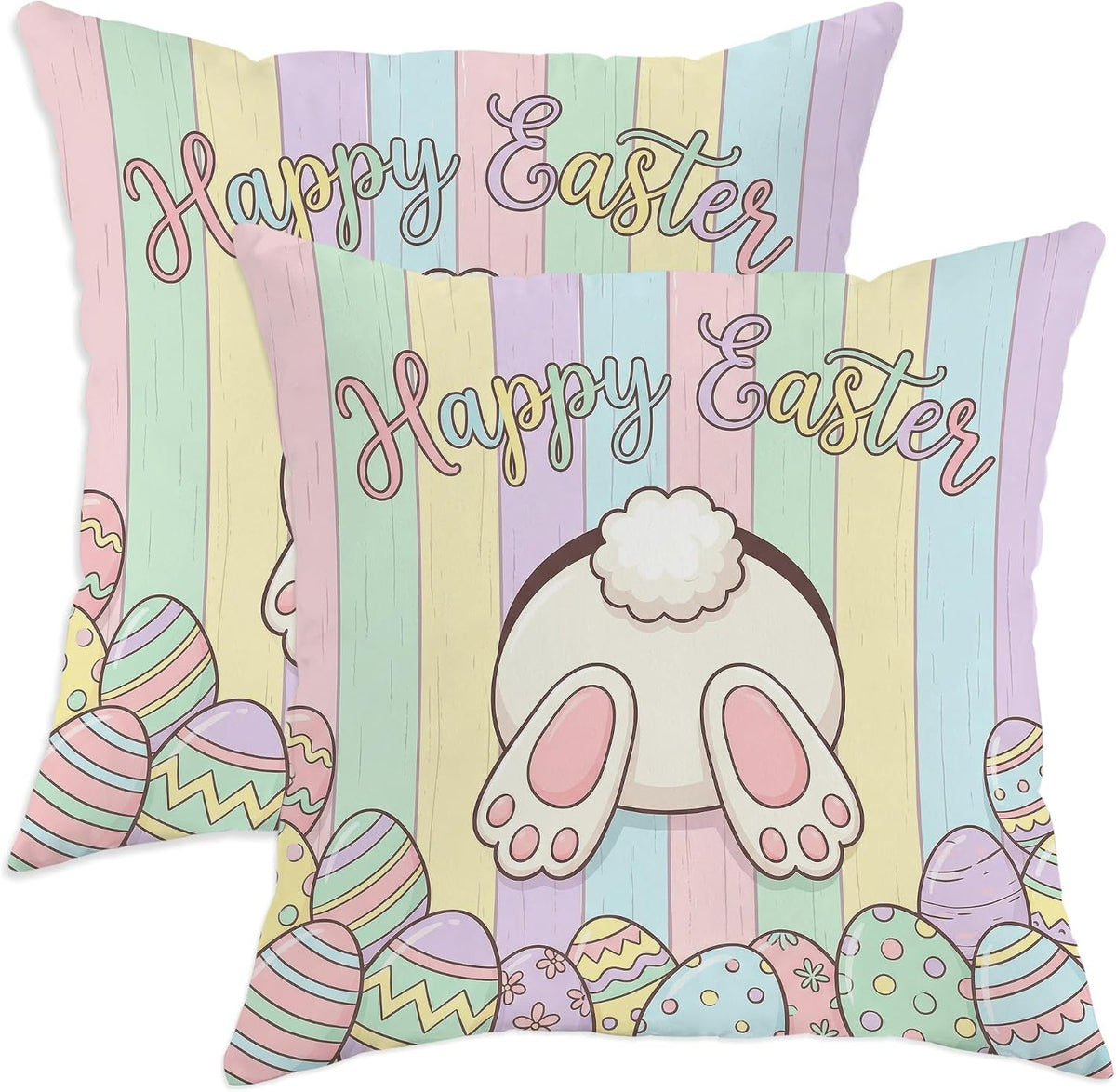 Bunny Throw Pillow Covers Set of 2, Spring Playful Easter Eggs Wooden Stripes Easter Pastel Peach with Hidden Zipper Pattern Pillow Covers for Living Room Bedroom Loft Office Car Decor 14x14 Inch