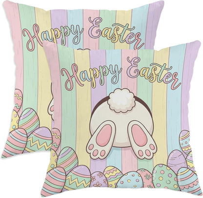 Bunny Throw Pillow Covers Set of 2, Spring Playful Easter Eggs Wooden Stripes Easter Pastel Peach with Hidden Zipper Pattern Pillow Covers for Living Room Bedroom Loft Office Car Decor 14x14 Inch