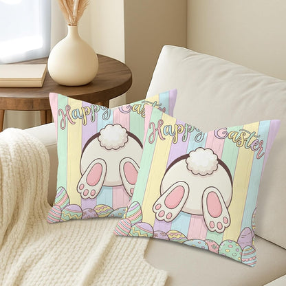 Bunny Throw Pillow Covers Set of 2, Spring Playful Easter Eggs Wooden Stripes Easter Pastel Peach with Hidden Zipper Pattern Pillow Covers for Living Room Bedroom Loft Office Car Decor 14x14 Inch