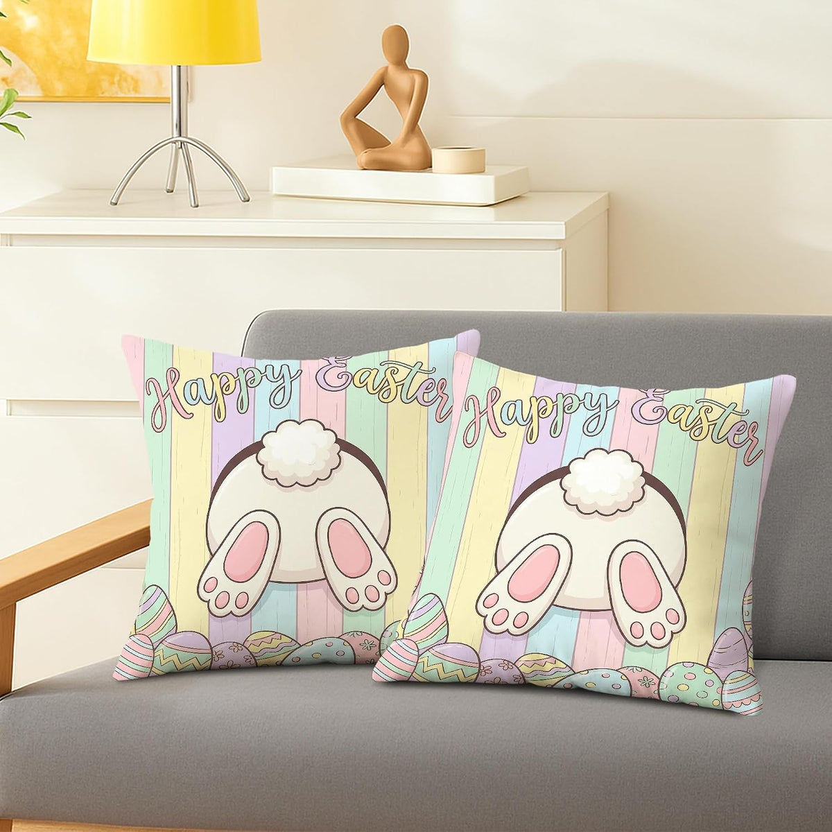 Bunny Throw Pillow Covers Set of 2, Spring Playful Easter Eggs Wooden Stripes Easter Pastel Peach with Hidden Zipper Pattern Pillow Covers for Living Room Bedroom Loft Office Car Decor 14x14 Inch