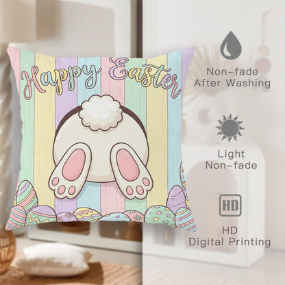 Bunny Throw Pillow Covers Set of 2, Spring Playful Easter Eggs Wooden Stripes Easter Pastel Peach with Hidden Zipper Pattern Pillow Covers for Living Room Bedroom Loft Office Car Decor 14x14 Inch